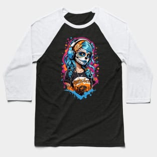 Dia de los Muertos Sugar Skull DJ Girl Baseball T-Shirt